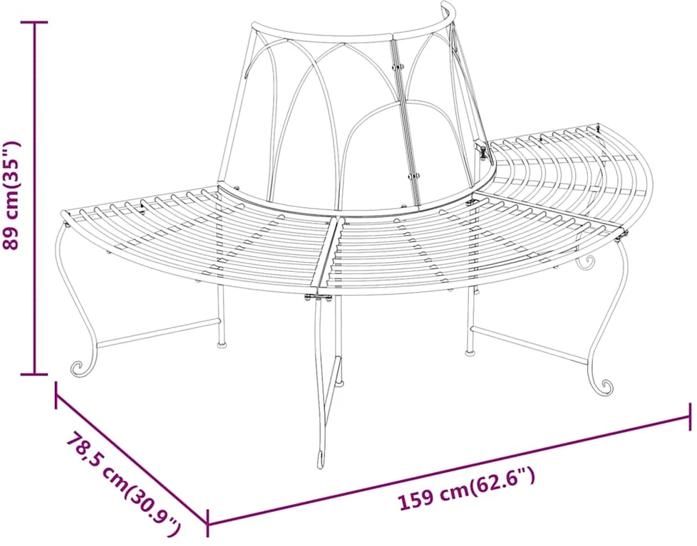 Pusapvaliai suoliukai aplink medį, 2vnt., juodi, 159cm, plienas