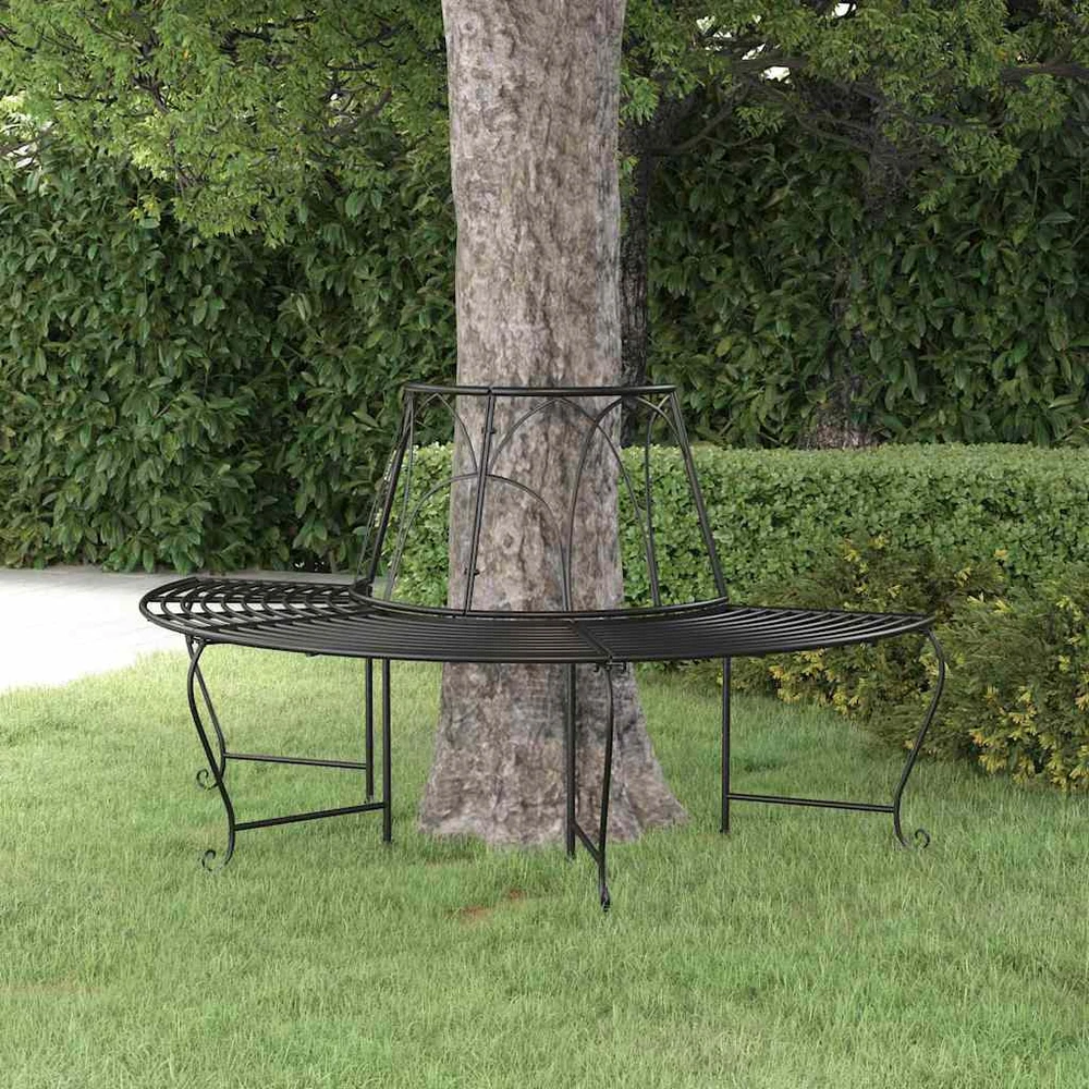 Pusapvalis suoliukas aplink medį, juodas, 159cm, plienas