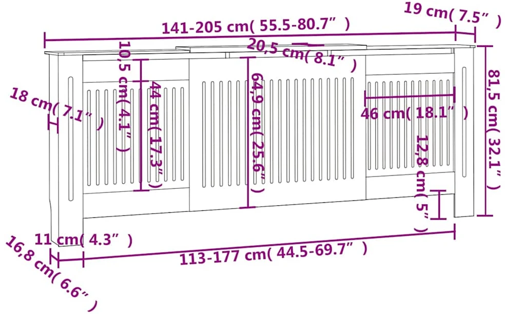 Radiatoriaus uždangalas, juodos spalvos, 205cm, MDF