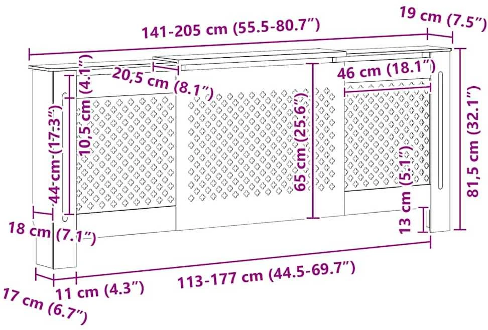 Radiatoriaus uždangalas, pilkos spalvos, 205cm, MDF