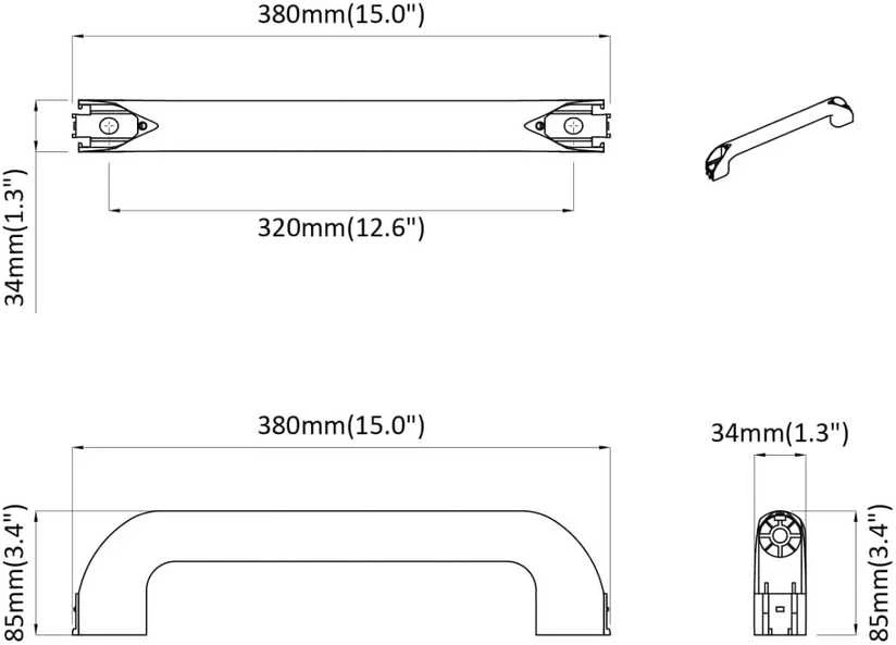 Rankena Paprastas 2 vnt. Juoda 380 x 34 x 85 mm Aliuminis ir PP