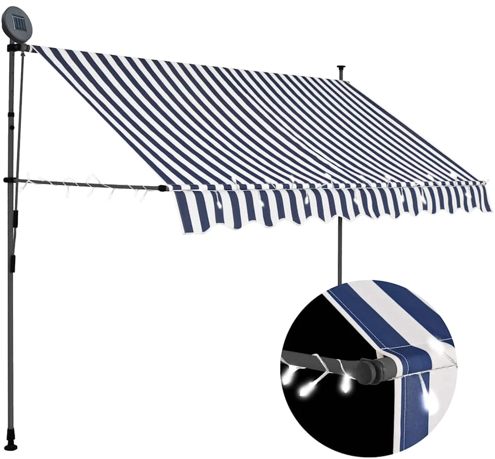 Rankinė ištraukiama markizė su LED, mėlyna ir balta, 300cm