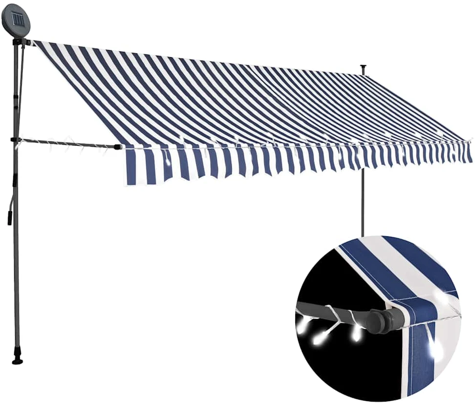 Rankinė ištraukiama markizė su LED, mėlyna ir balta, 350cm