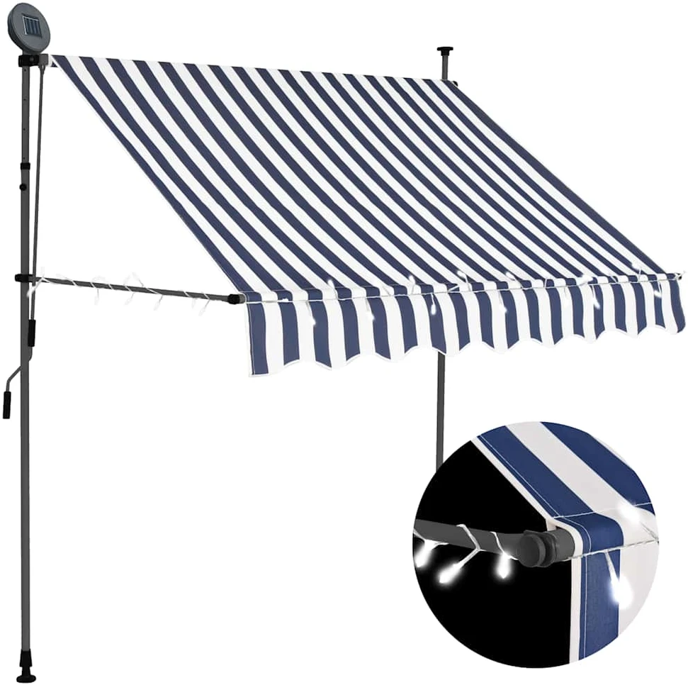 Rankinė ištraukiama markizė su LED, mėlyna ir balta, 200cm