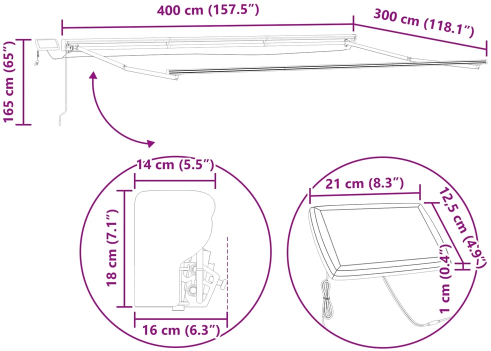 Rankinis markizės rėmas su LED Oranžinė, Juoda, Balta 4 × 3 m