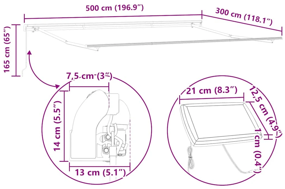 Rankiniu būdu ištraukiama markizė su LED, bordo, 500x300cm