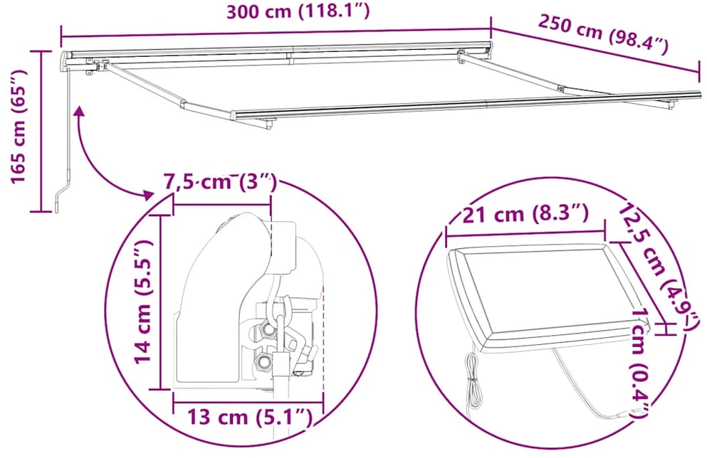 Rankiniu būdu ištraukiama markizė su LED, bordo, 300x250cm