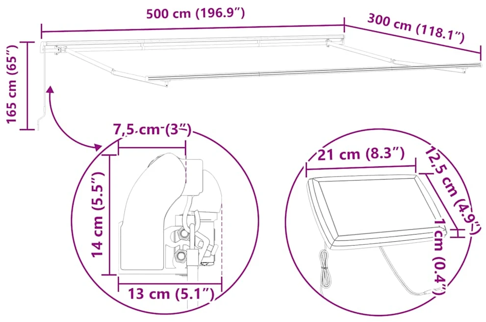 Rankiniu būdu ištraukiama markizė su LED, bordo, 500x300cm