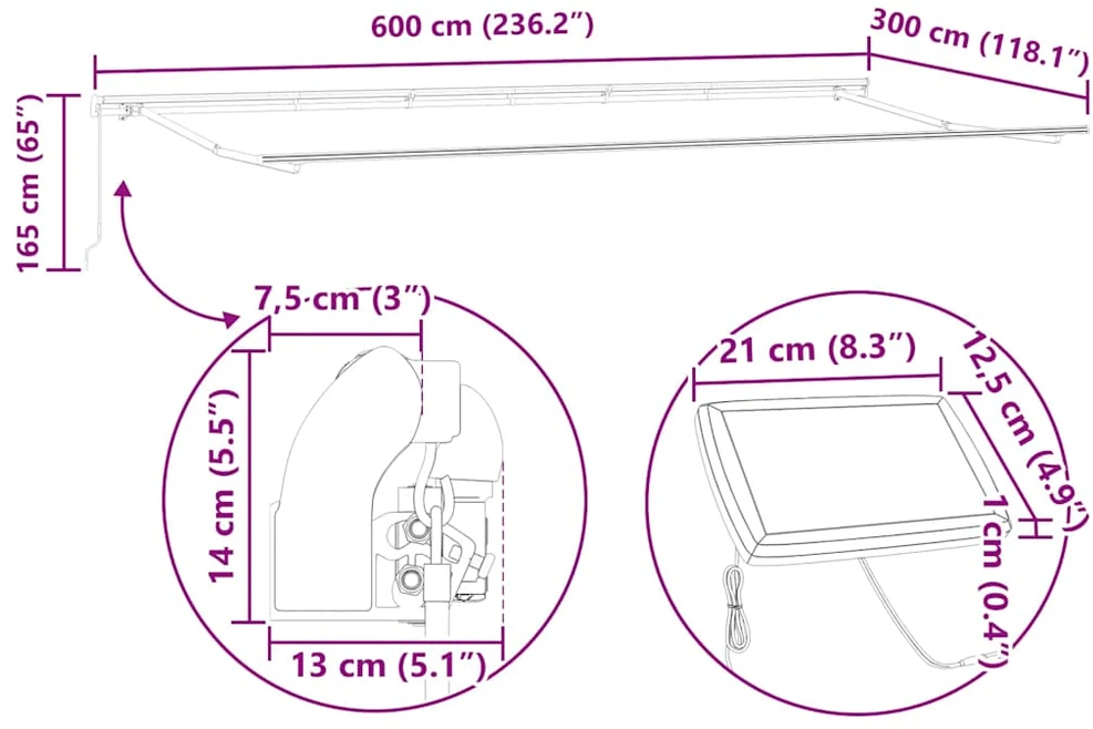 Rankiniu būdu ištraukiama markizė su LED, antracito ir baltos spalvos, 600x300 cm