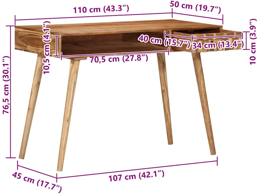 Rašomasis stalas, 110x50x76 cm, akacijos medienos masyvas