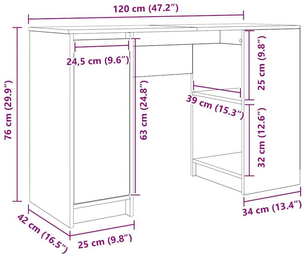 Rašomasis stalas, betono pilkas, 120x42x76 cm, apdirbta mediena