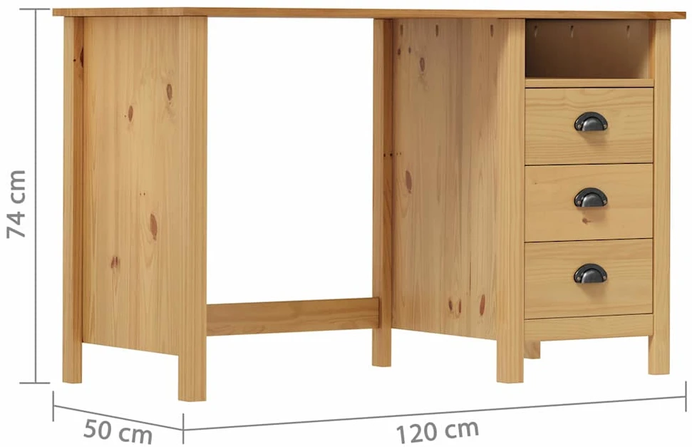 Rašomasis stalas su 3 stalčiais Hill, 120x50x74cm, pušis