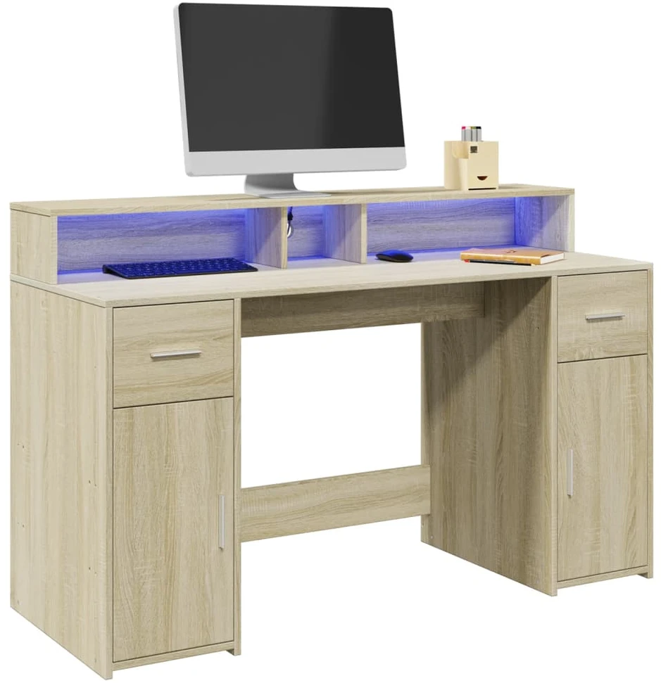 Rašomasis stalas su LED apšvietimu, ąžuolo, 140x55x91cm
