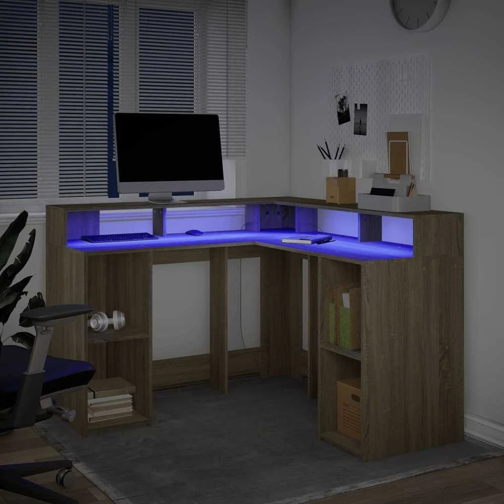 Rašomasis stalas su LED apšvietimu, ąžuolo, 130x130x91cm