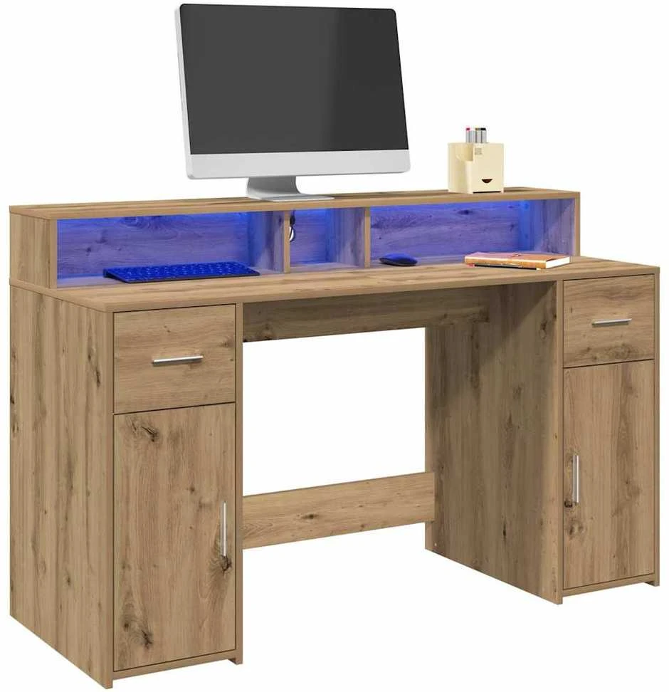 Rašomasis stalas su LED, artisano ąžuolo, 140x55x91cm, mediena
