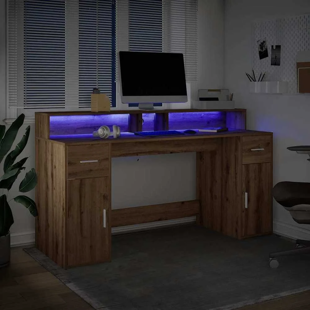 Rašomasis stalas su LED, rudas ąžuolo, 160x55x91cm, mediena