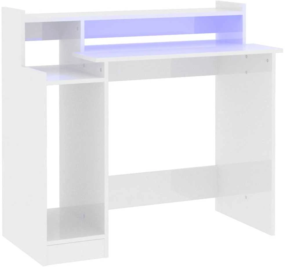 Rašomasis stalas su LED, baltas, 97x45x90cm, mediena, blizgus