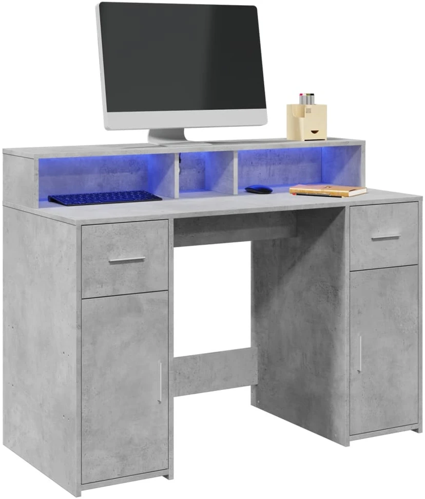 Rašomasis stalas su LED, betono pilkas, 120x55x91cm, mediena