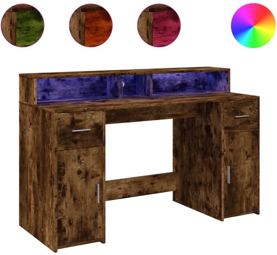 Rašomasis stalas su LED, dūminio ąžuolo, 140x55x91cm, mediena