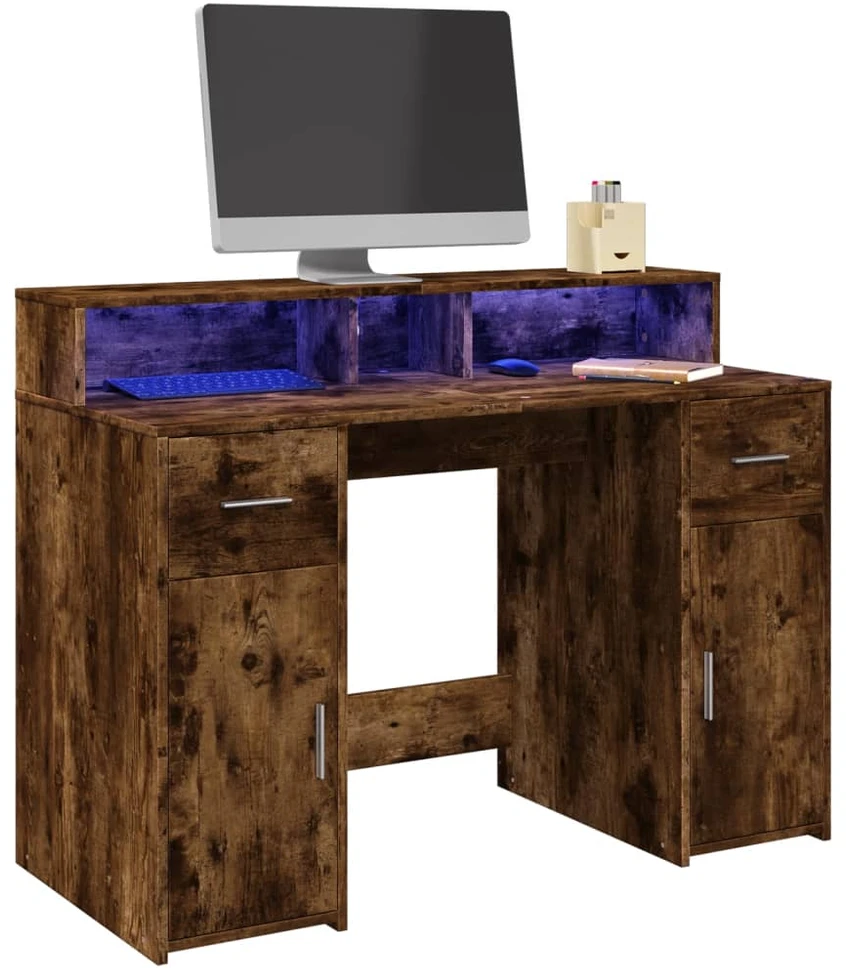 Rašomasis stalas su LED, dūminio ąžuolo, 120x55x91cm, mediena