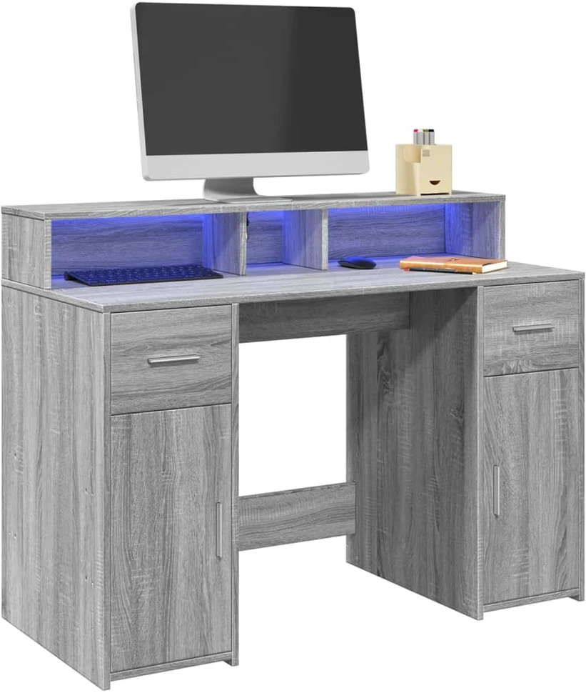 Rašomasis stalas su LED, pilkas ąžuolo, 120x55x91cm, mediena