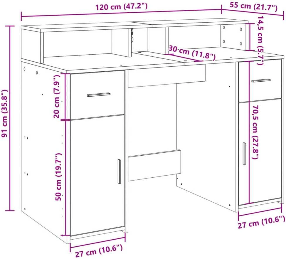 Rašomasis stalas su LED, pilkas ąžuolo, 120x55x91cm, mediena