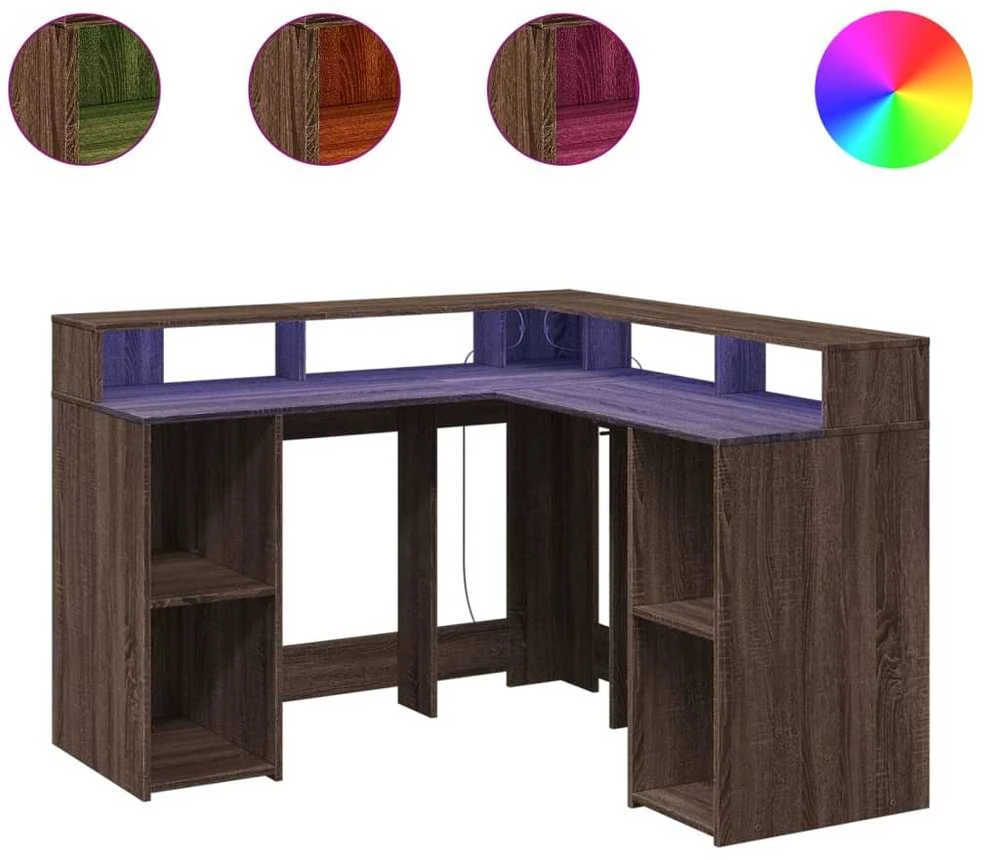 Rašomasis stalas su LED, rudas ąžuolo, 130x130x91cm, mediena