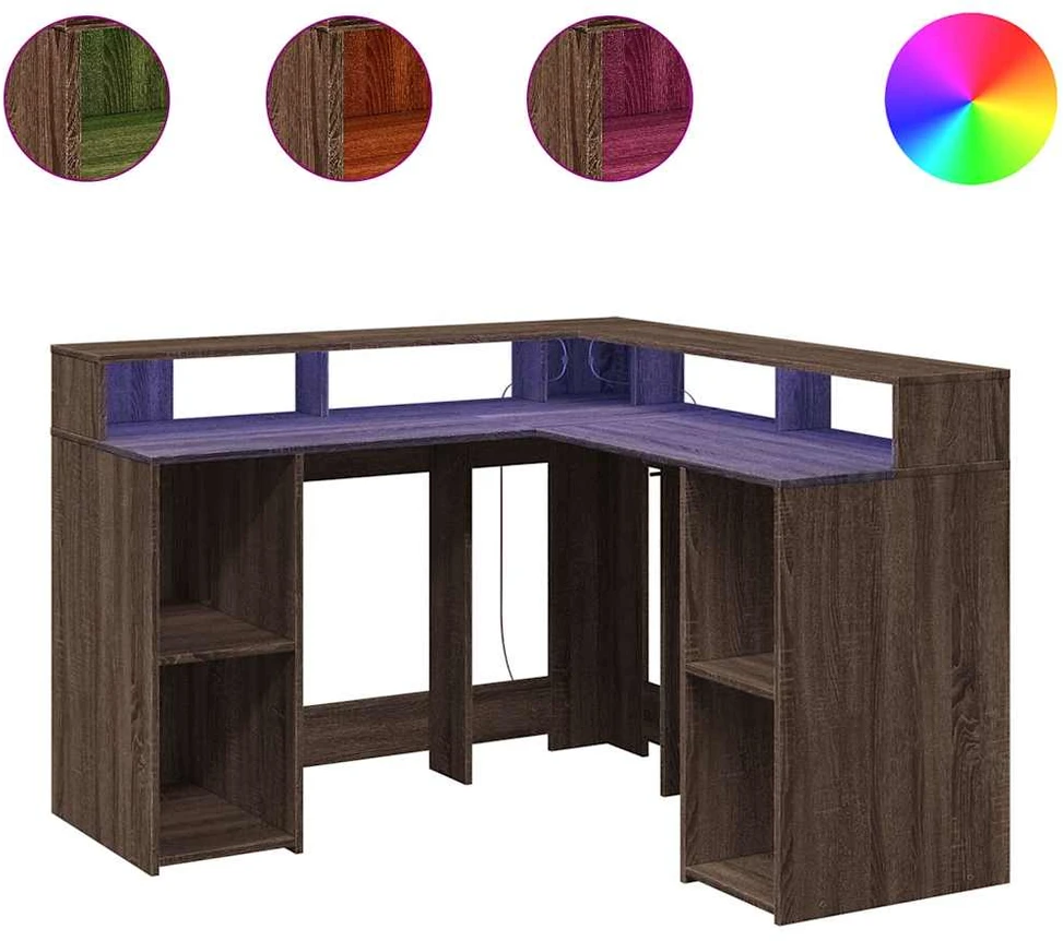 Rašomasis stalas su LED, rudas ąžuolo, 130x130x91cm, mediena