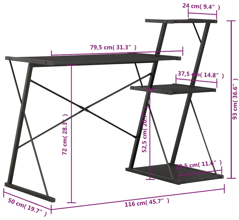 Rašomasis stalas su lentyna, juodos spalvos, 116x50x93cm