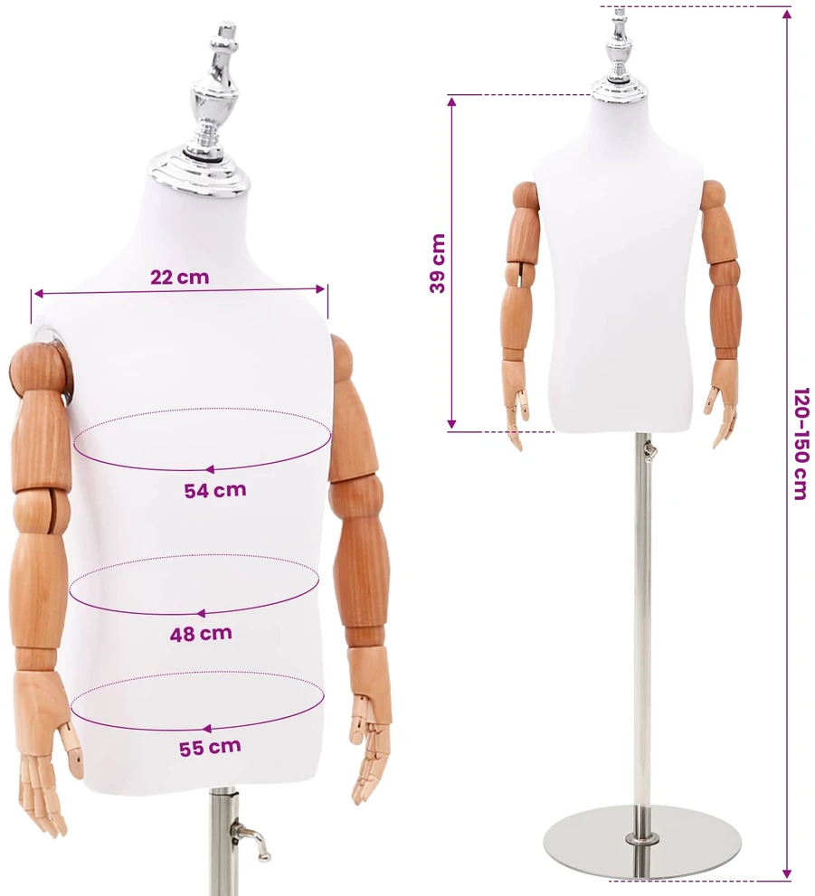 Reguliuojamas 120-150 cm manekenas su baze Uniseksas PP Balta