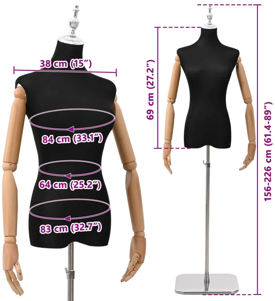 Reguliuojamas manekenas 165-213 cm su baze Moteris PP Juoda