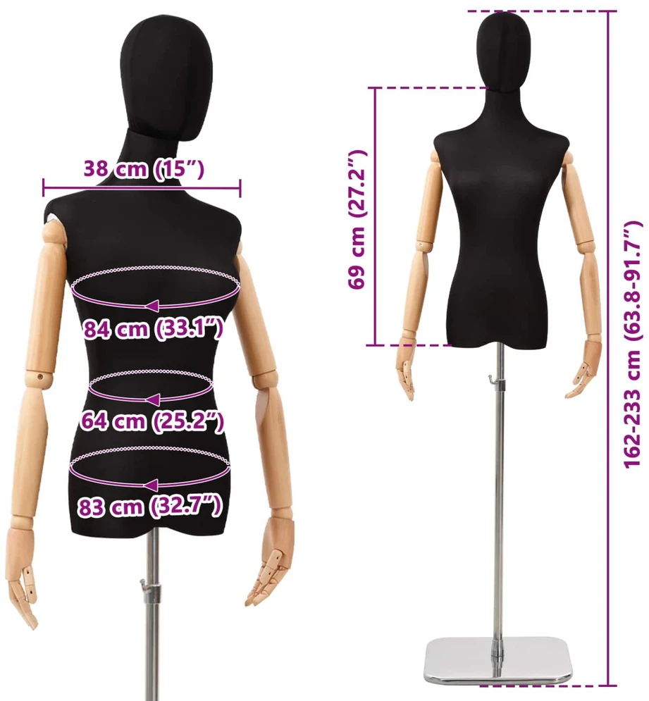Reguliuojamas manekenas 165-213 cm su baze Moteris PP Juoda