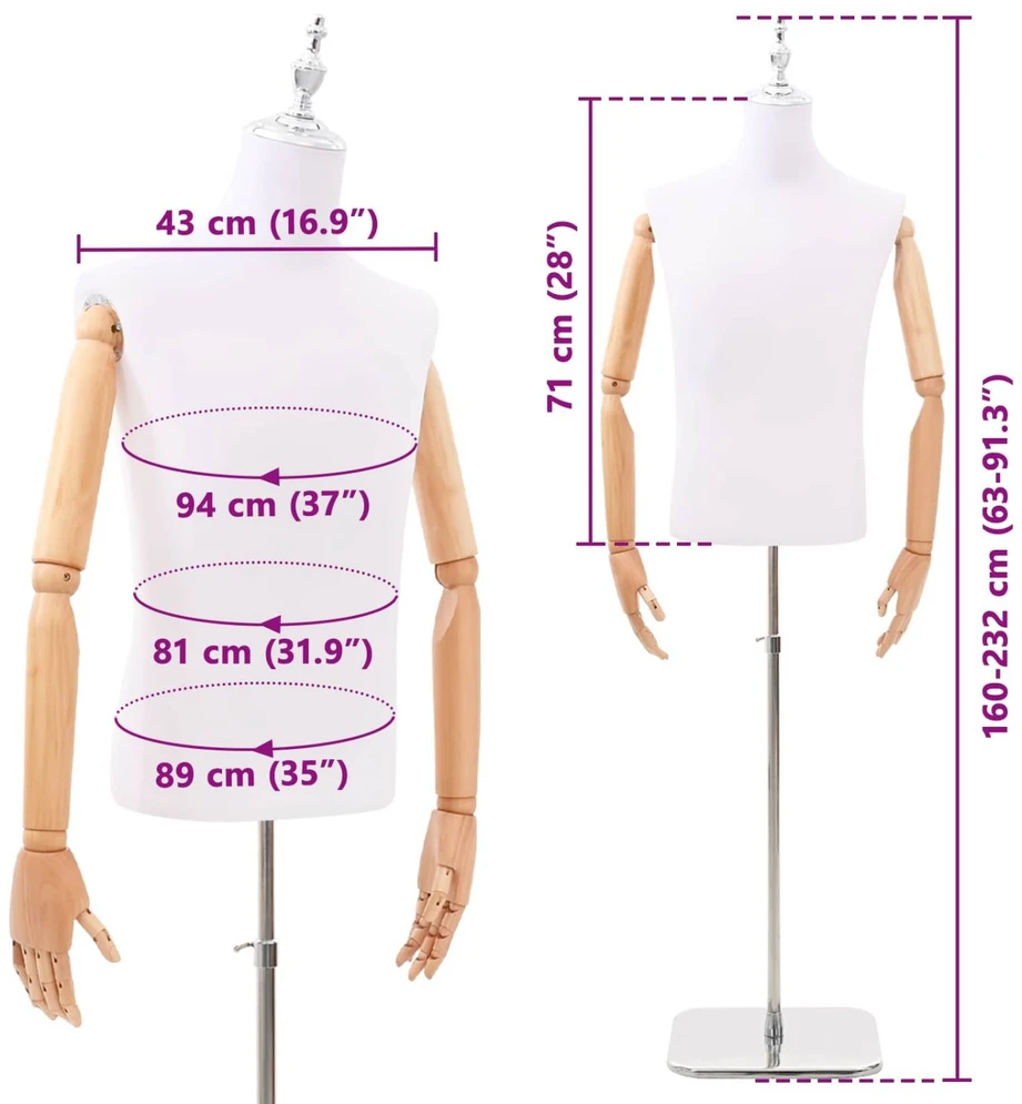 Reguliuojamas manekenas 170-218 cm su baze Vyras PP Balta