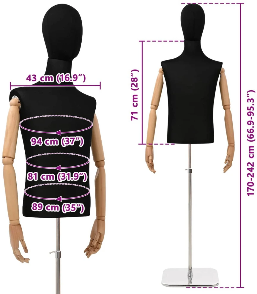 Reguliuojamas manekenas 170-218 cm su baze Vyras PP Juoda