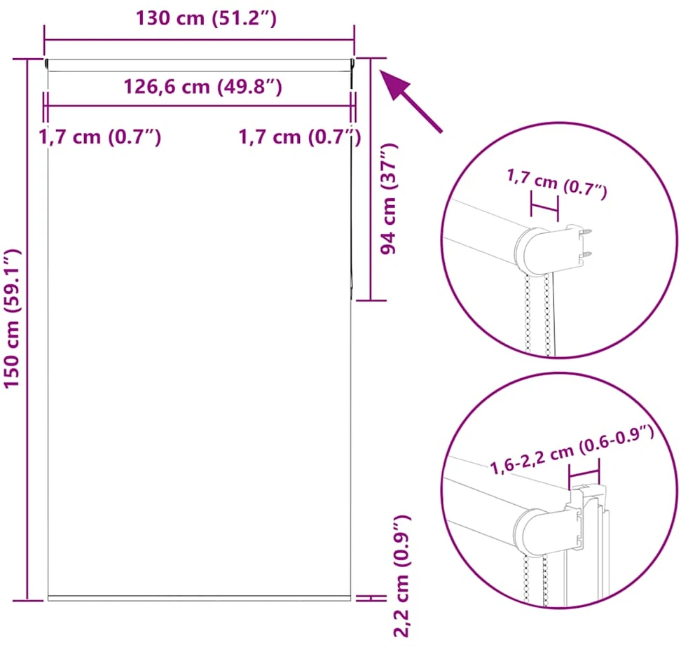 roletas baltos spalvos 130x150 cm audinio plotis 126,6 cm