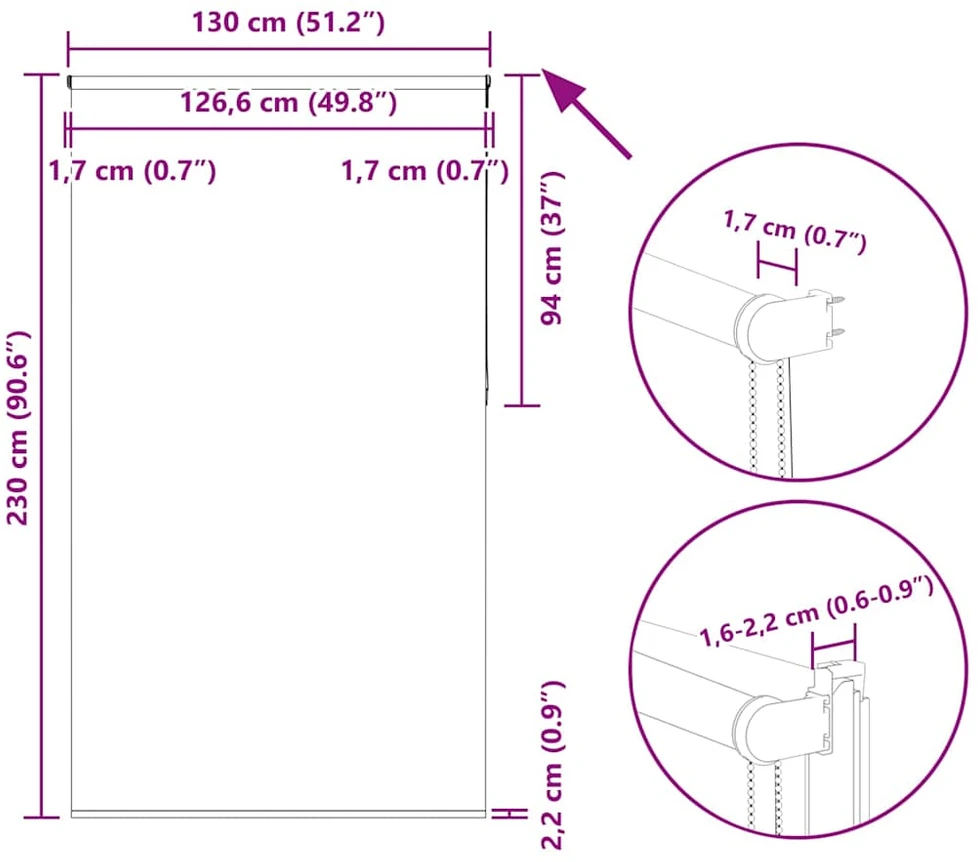 roletas baltos spalvos 130x230 cm audinio plotis 126,6 cm