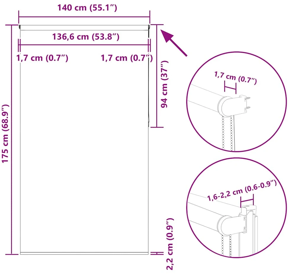 roletas baltos spalvos 140x175 cm audinio plotis 136,6 cm