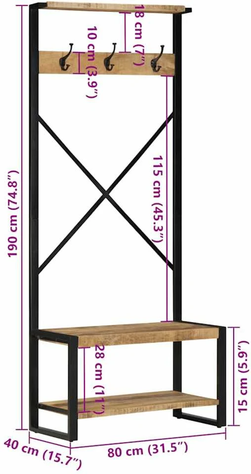 rūbų kabykla 80x40x190 cm masyvo neapdoroto medžio mango