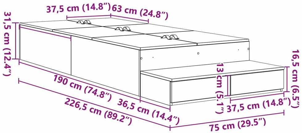 Lova su daiktų laikymo vieta su stalčių Juodas ąžuolas 75 cm