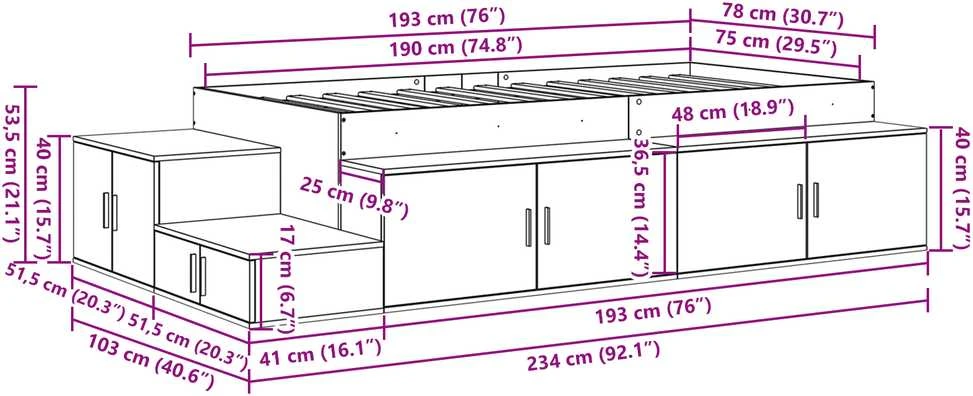 Lova su daiktų laikymo vieta Balta 75 cm Apdirbta mediena