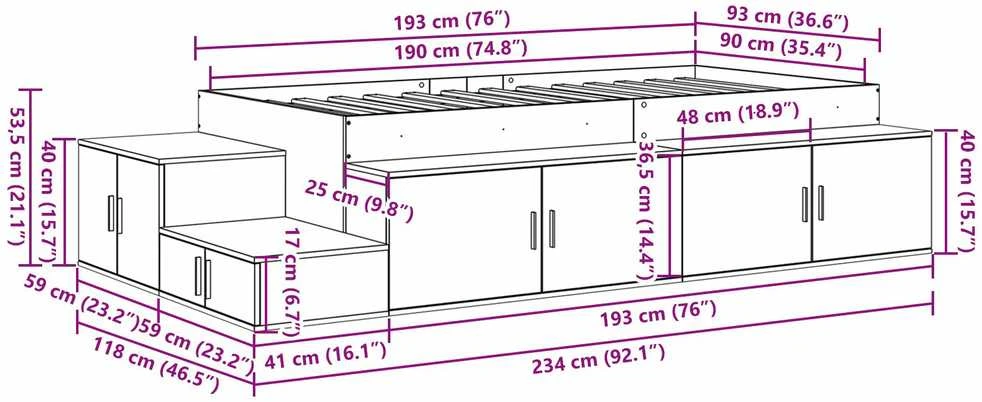 Lova su daiktų laikymo vieta Rūkyta ąžuolas 90 cm