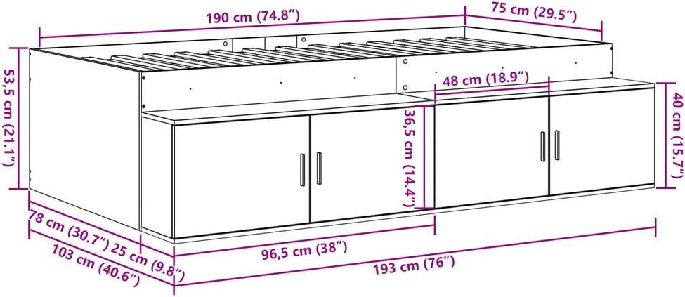 Lova Lovos rėmas su stalčių Balta 70 x 190 cm Apdirbta mediena