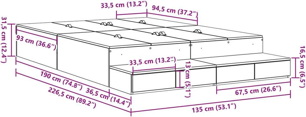 Lova su daiktų laikymo vieta su stalčių Senovinis medis 135 cm