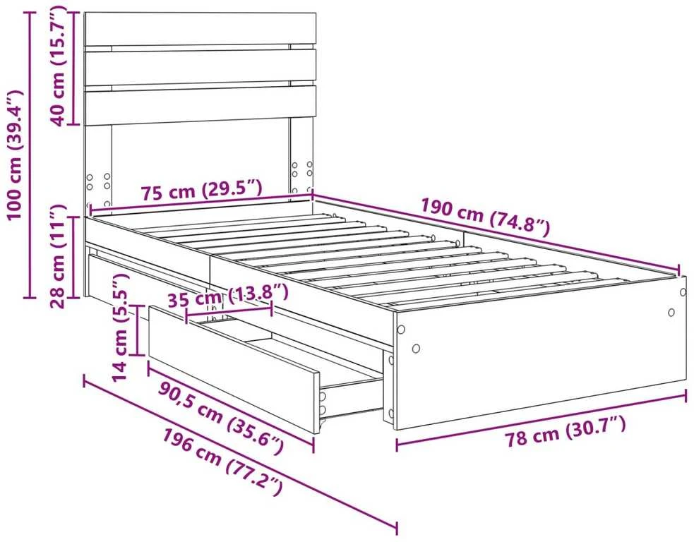 Saugos lova Pilkas Sonoma 75 x 190 cm Apdirbta mediena