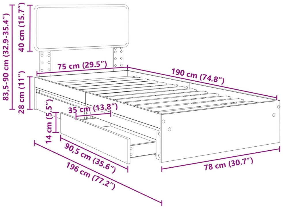 Saugos lova su stalčių Juoda 75 x 190 cm Apdirbta mediena