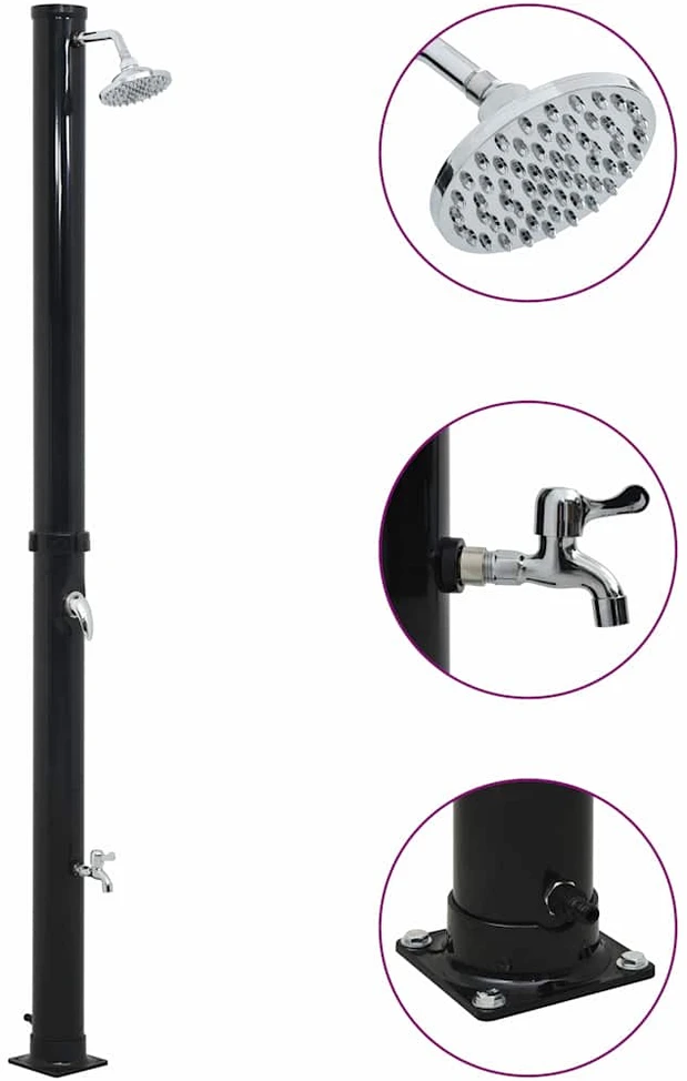 Saulės energija šildomas dušas, juodos spalvos, 220cm, 20l