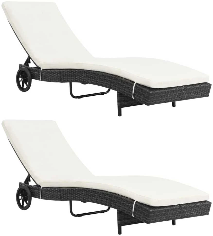 Sofa Saulės gultai su ratukais/čiužinukais, 2vnt., juodi, ratanas