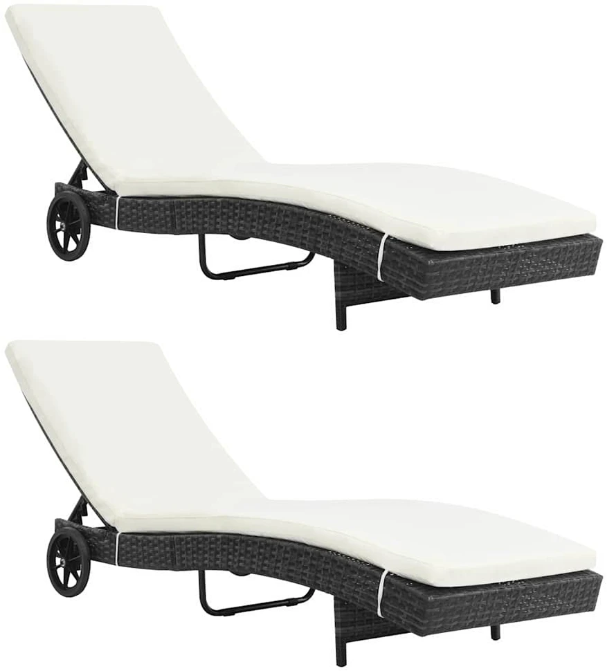 Sofa Saulės gultai su ratukais/čiužinukais, 2vnt., juodi, ratanas