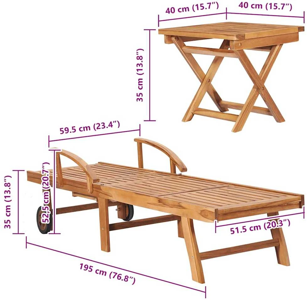 Sofa Saulės gultai su staliuku, 2vnt., tikmedžio medienos masyvas