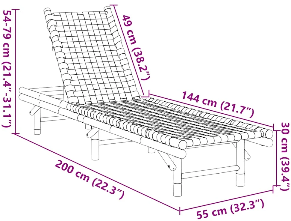 Saulės gultas su juodu austu tinkleliu, 55x200x30cm, bambukas